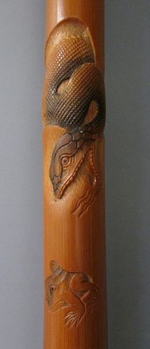 Japanese Antique Carved Bamboo Walking Stick with Snakes and Frogs
