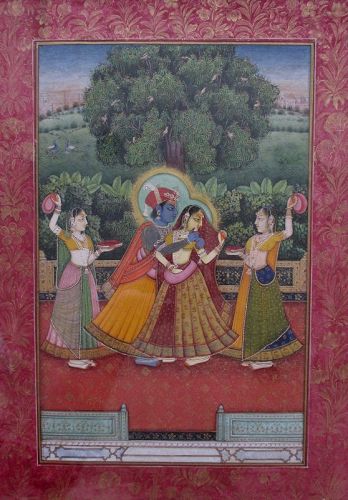 Indian Antique Miniature Painting of Radha and Krishna in the Garden