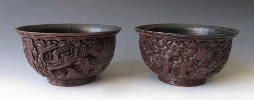Ming Dynasty Chinese Pair of Carved Lacquer Bowls