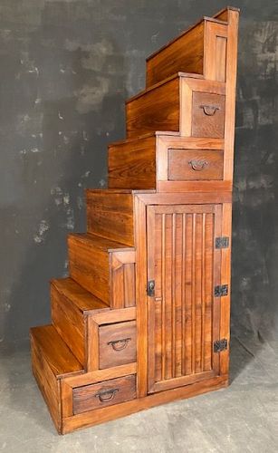 Antique Kaidan Tansu Japanese 2 Section Stair Chest Hinoki Meiji Era