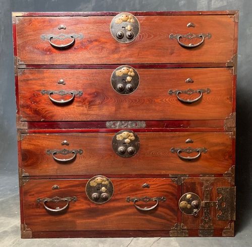 Antique Nihon Matsu Kasane Tansu Chest on Chest Lacquer Keyaki Meiji