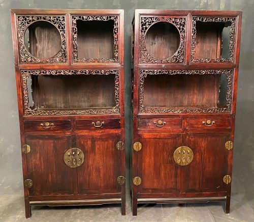 Chinese Antique Pair of Carved Wood Display Cabinets