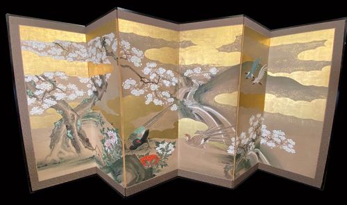 Japanese Antique 6-Panel Byobu Screen Painting of Pheasants and Stream