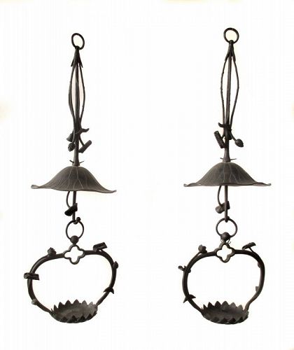 Japanese Antique Pair of Hanging Lotus Candle Holders
