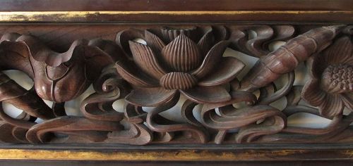 Japanese Antique Carved Wood Ranma with Lotus Flowers