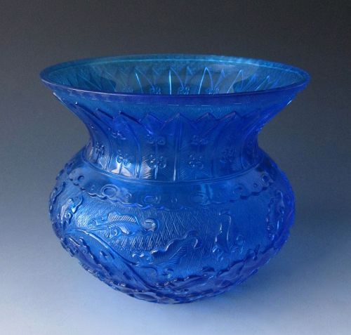 Chinese Carved Blue Peking Glass Vase