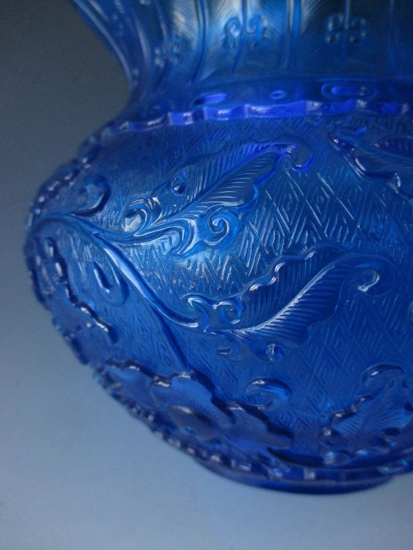Chinese Carved Blue Peking Glass Vase