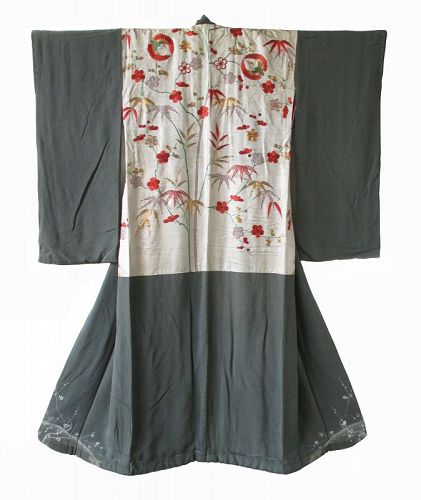Japanese Antique Chirimen Silk Kimono with Gold Embroidery