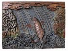 Japanese Antique Large Carved Wood Panel of a Fish and Waterfall