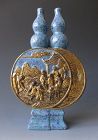 Chinese Antique Blue Porcelain Double Gourd Vase with Gold Scenes
