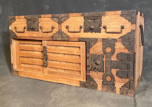 Antique Tansu Chest Japanese Low Choba (Merchant) Kiri Early Meiji Era