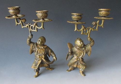 European Antique Bronze Candlesticks in the form of Chinese Children