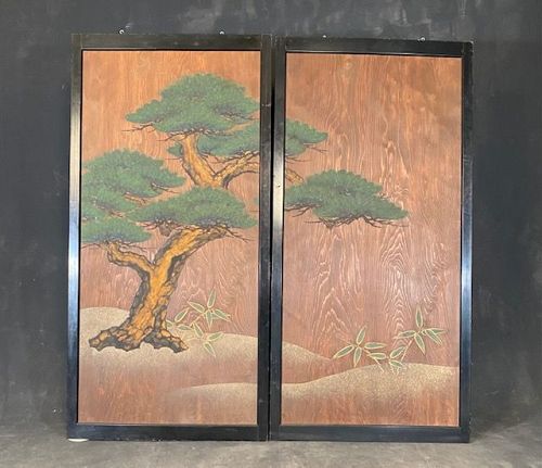 Antique Japanese Fusuma Door Pair Meiji Hand Painted Pine & Bamboo