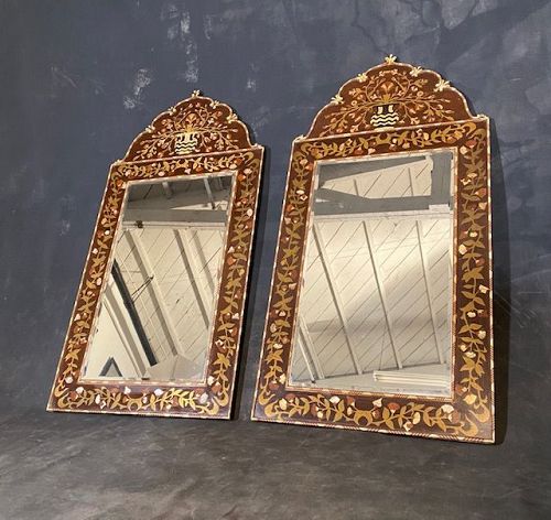 Pair of Syrian Pier Mirrors Wengi Wood Inlaid Throughout and Beveled