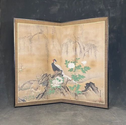 Antique Japanese 2-Panel Byobu Screen Painting of Pheasant Family