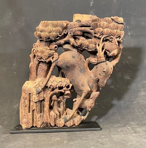 17th C. Antique Chinese Architectural Corbel Deer Lingzhi Pine Monkey