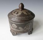 Himalayan Antique Bronze Box with Silver Vajra Motif