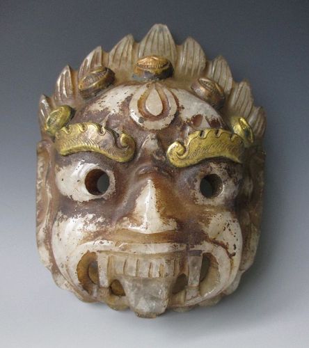 Himalayan Antique Carved Crystal Bhairava Mask with Gilt Copper
