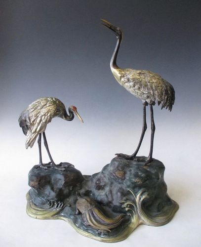 Japanese Antique Bronze Okimono of a Pair of Cranes and Turtle