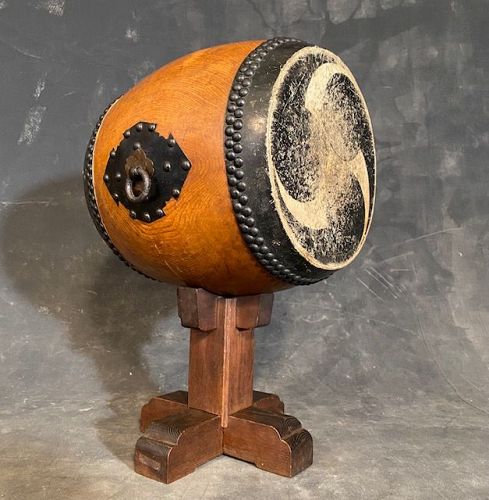 Antique Japanese Taiko Drum & Stand Keyaki Early Taisho Period
