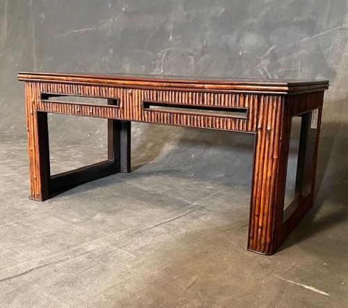 Antique Japanese Scholar's Table Kokutan & Bamboo Lacquer Meiji