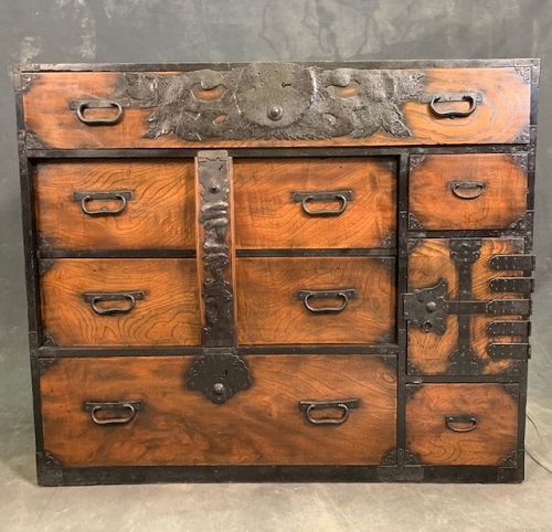 Antique Japanese Sendai Bo Tansu Chest (Kimono Storage) Keyaki Meiji