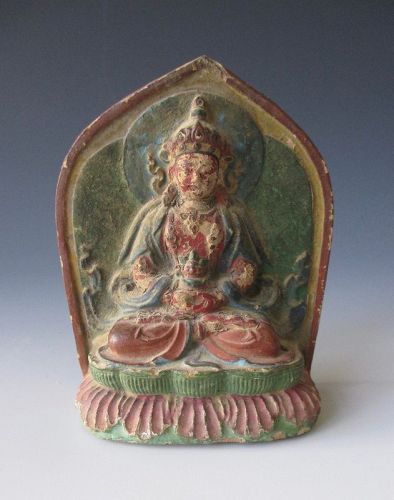 Himalayan Antique Tsha Tsha Votive Plaque of Seated Bodhisattva