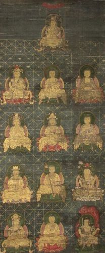Japanese Antique Scroll Painting of 13 Buddhas