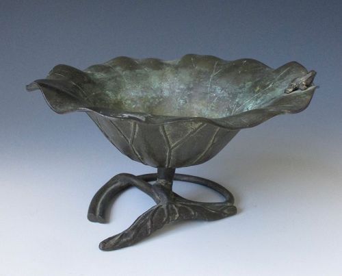 Japanese Antique Bronze Lotus Bowl with Frog