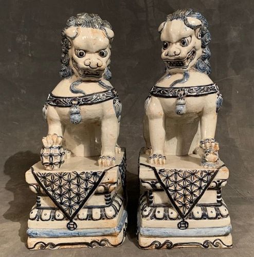 Pair Fu Dogs Chinese Blue & White Ornamental Garden Statues Vintage