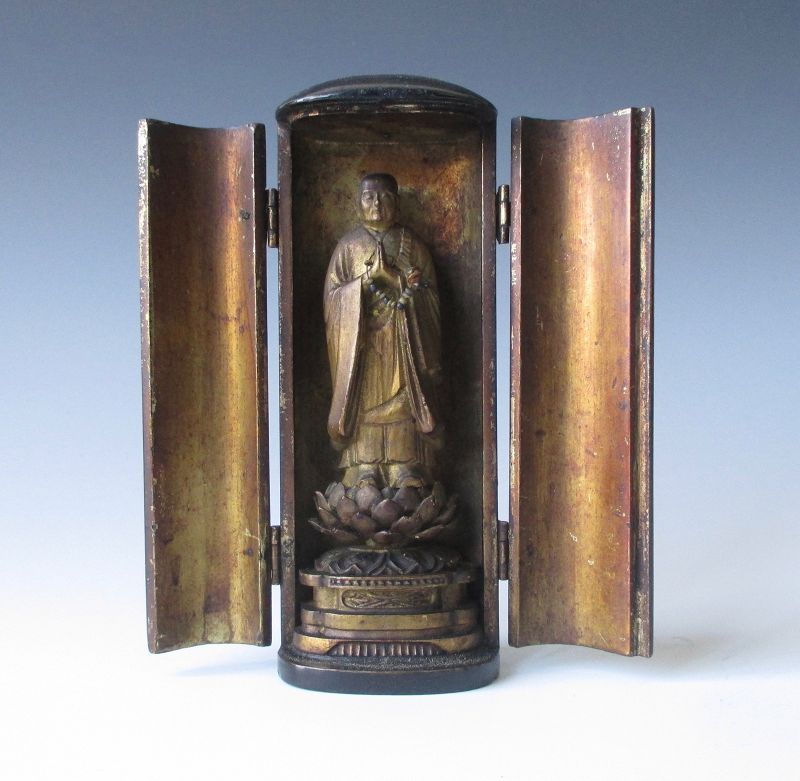 Japanese Antique Small Zushi (Traveling Shrine) with Monk (Abbott)