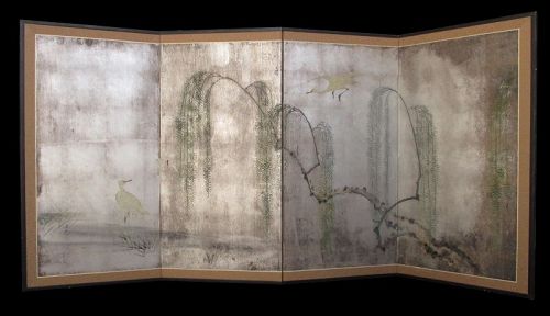Japanese 4-panel Screen Painting with Herons on Silver