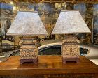 Pair of Lamps w/ 19th C Indonesian Carvings & Mica Shades