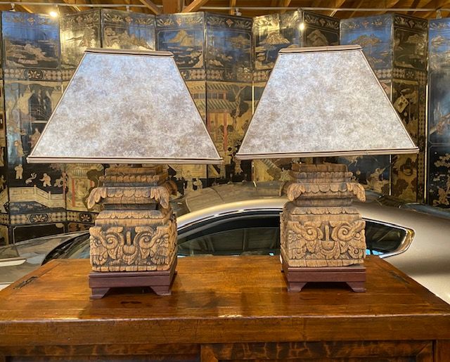 Pair of Lamps w/ 19th C Indonesian Carvings & Mica Shades