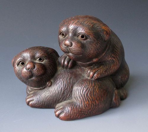 Japanese Antique Bizen Ware Figure of Puppies