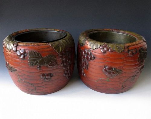 Japanese Pair of Lacquer Hibachis with Grapes