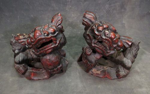Chinese Antique Pair of Wooden Fu-lions (Shi)