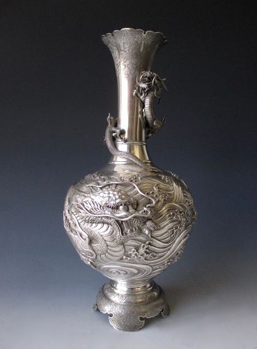 Exceptional Japanese Antique Silver Vase with Dragons and Waves