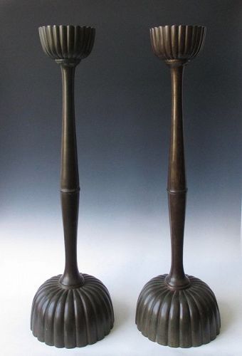 Rare Pair of Monumental Japanese Antique Bronze Temple Candlesticks