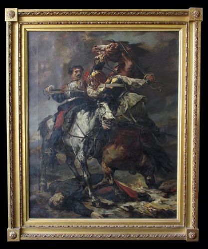 French Antique Painting of Battle Scene with Horses