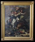 French Antique Painting of Battle Scene with Horses