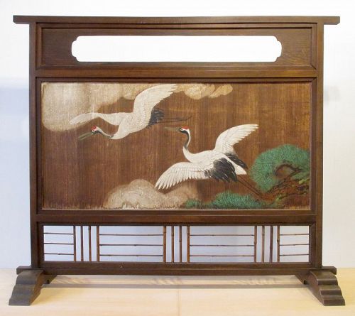 Japanese Antique Large Standing Wooden Screen with Cranes