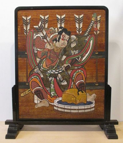 Japanese Antique Painted Screen with Samurai Sharping Arrows