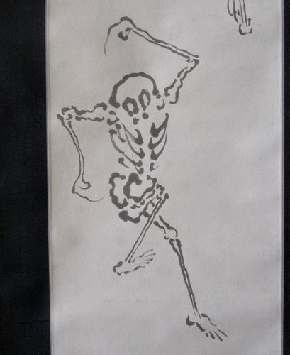Japanese Antique Scroll Painting of Dancing Skeletons