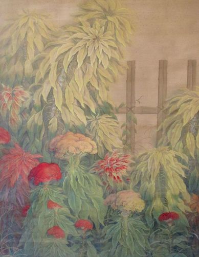 Japanese Antique Scroll Painting of A Garden