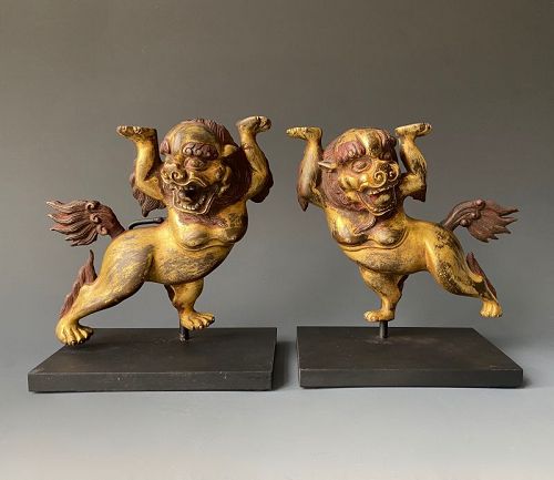 Tibetan Antique Pair of Gilt Bronze Snow Lions