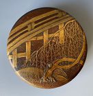 Japanese Antique Small Lacquer Box with Bridge and Willow