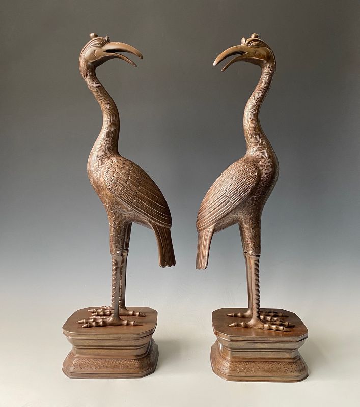 Chinese Antique Pair of Tall Bronze Cranes