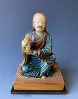 Chinese Antique Polychrome Soapstone Carving of an Arhat