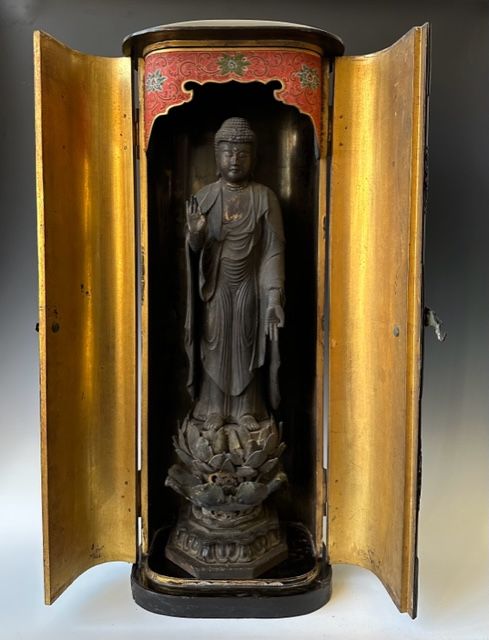 Antique Zushi Portable Altar with Standing Amida Buddha Edo Era